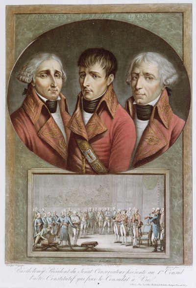 Retrato de los tres cónsules de la República y Barthelemy presentando el Acta Constitucional proclamando a Napoleón I como Emperador de por vida al Primer Cónsul, 2 de agosto de 1802, grabado por Charles Fra de Jean Duplessi Bertaux